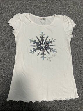 Guess Girl’s White Tee with Iridescent Sequin Snowflake